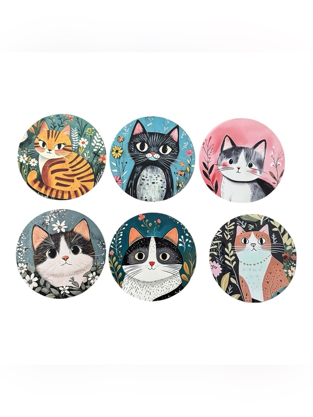 Cat Print Wood Coasters Set of 6 Round Floral Kitten Drink Mats